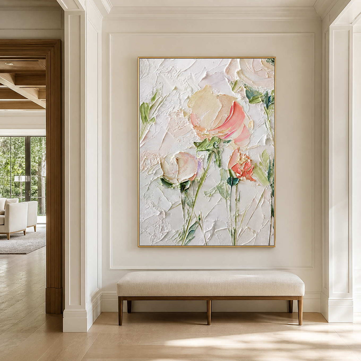 Gold framed pink flowers above an upholstered bench in a sunlit paneled hallway.