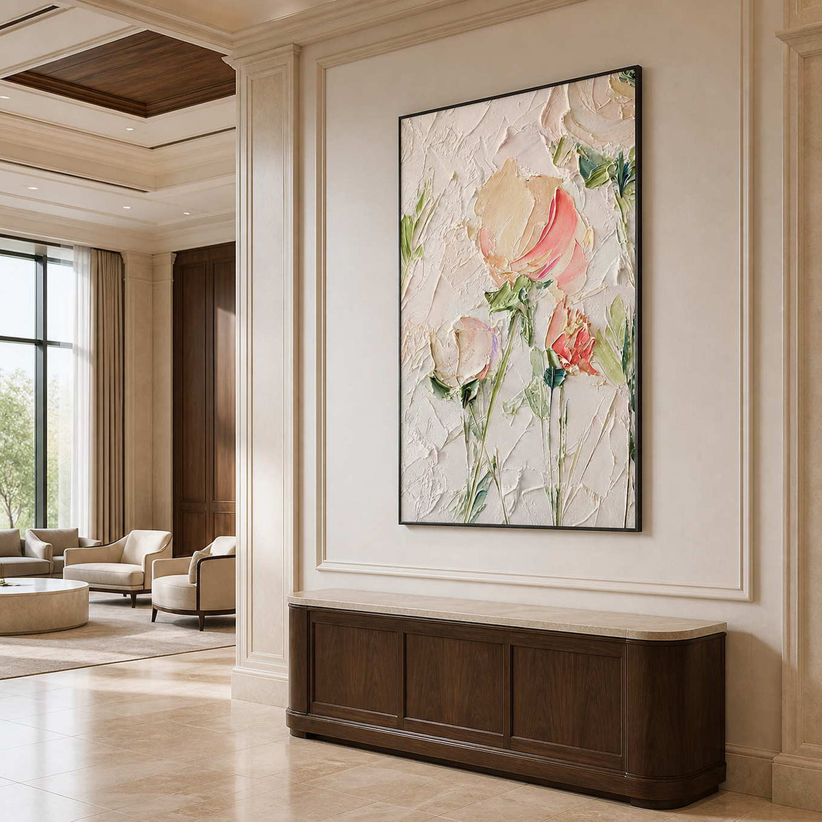 Pink floral painting above a curved wooden console beside a hotel seating area.