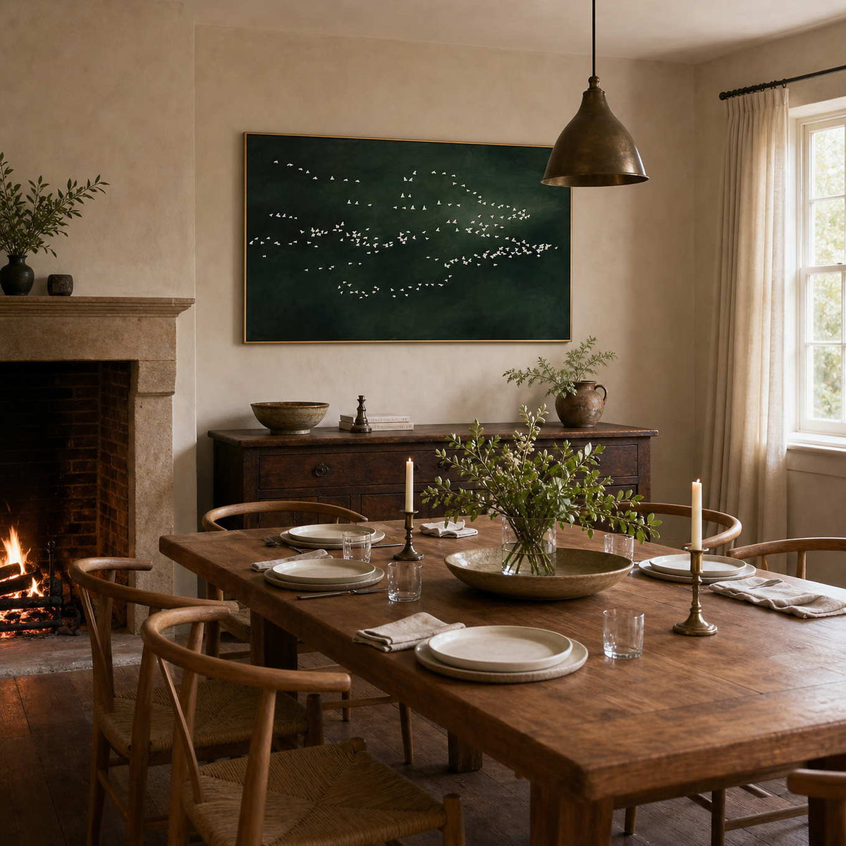 Green bird wall art displayed above an English country dining room.