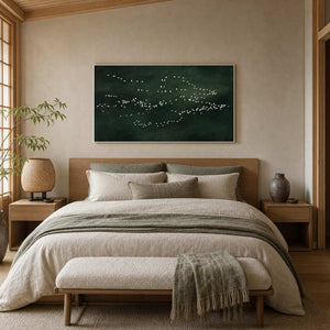 Minimalist green bird canvas styled in a calm Japandi bedroom.