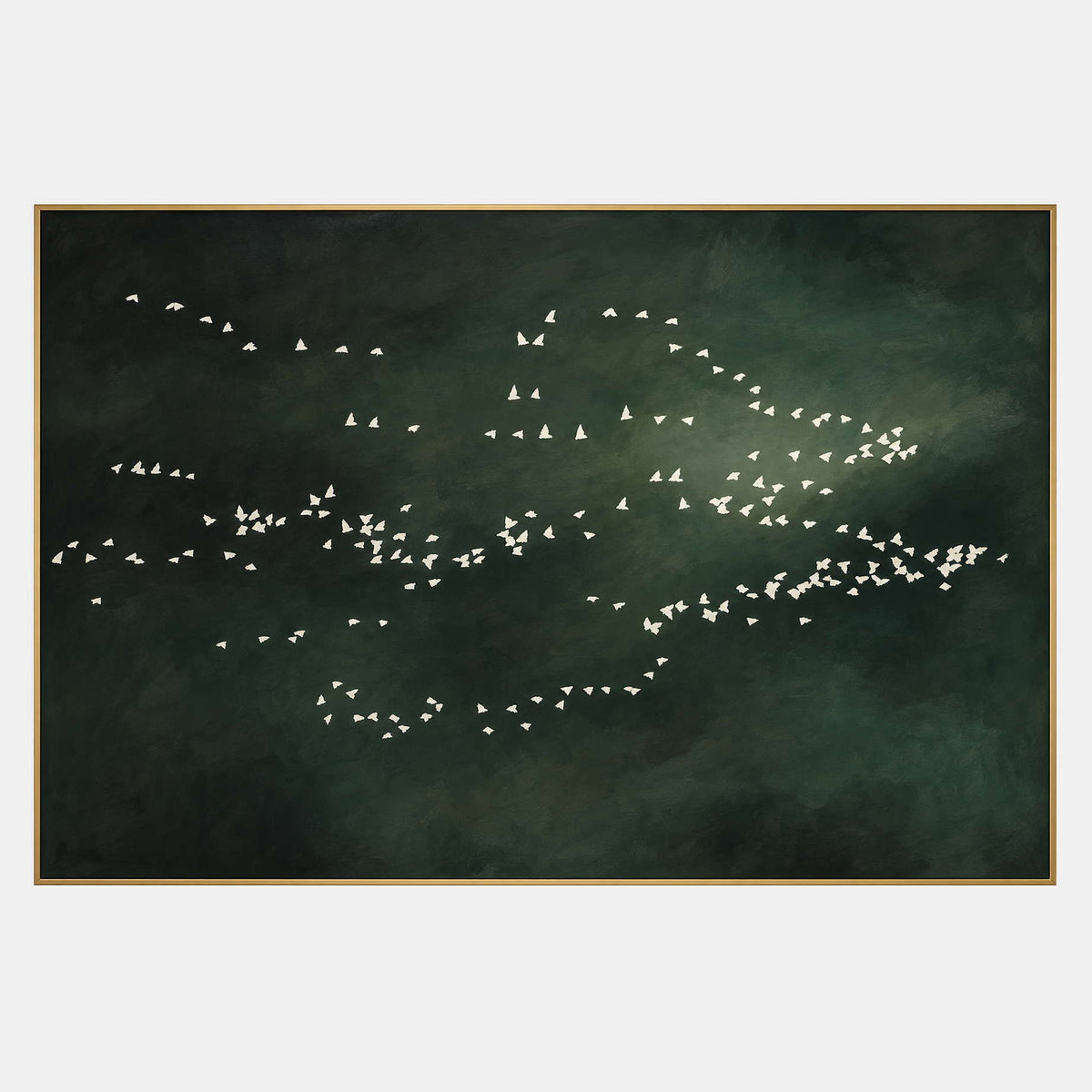 Ivory birds sweep across a deep forest-green hand-painted canvas.
