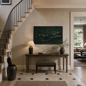Horizontal green bird artwork displayed in a townhouse stair entryway.