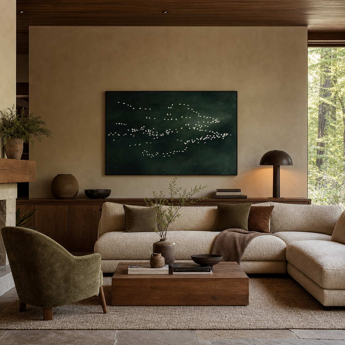 Minimalist bird wall art displayed in a warm woodland living room.