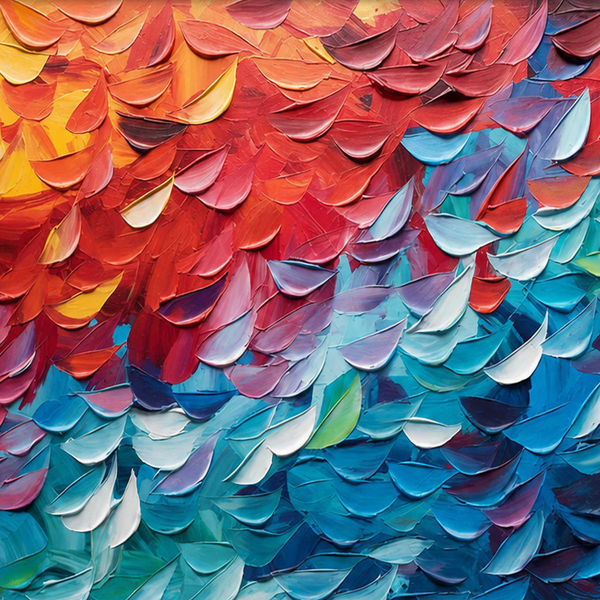 Close-up of raised hand-painted texture in multicolor, blue, and warm tones.
