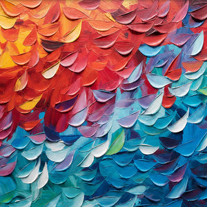 Close-up of raised hand-painted texture in multicolor, blue, and warm tones.
