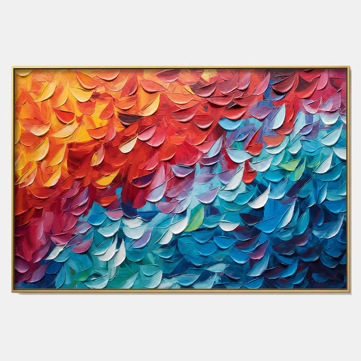 Hand-painted textured abstract wall art with multicolor, blue, and warm tones tones.