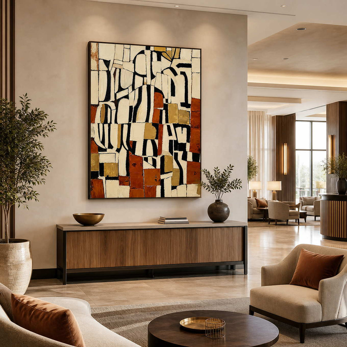 Black framed geometric abstract painting above a console near lounge seating in a hotel lobby.