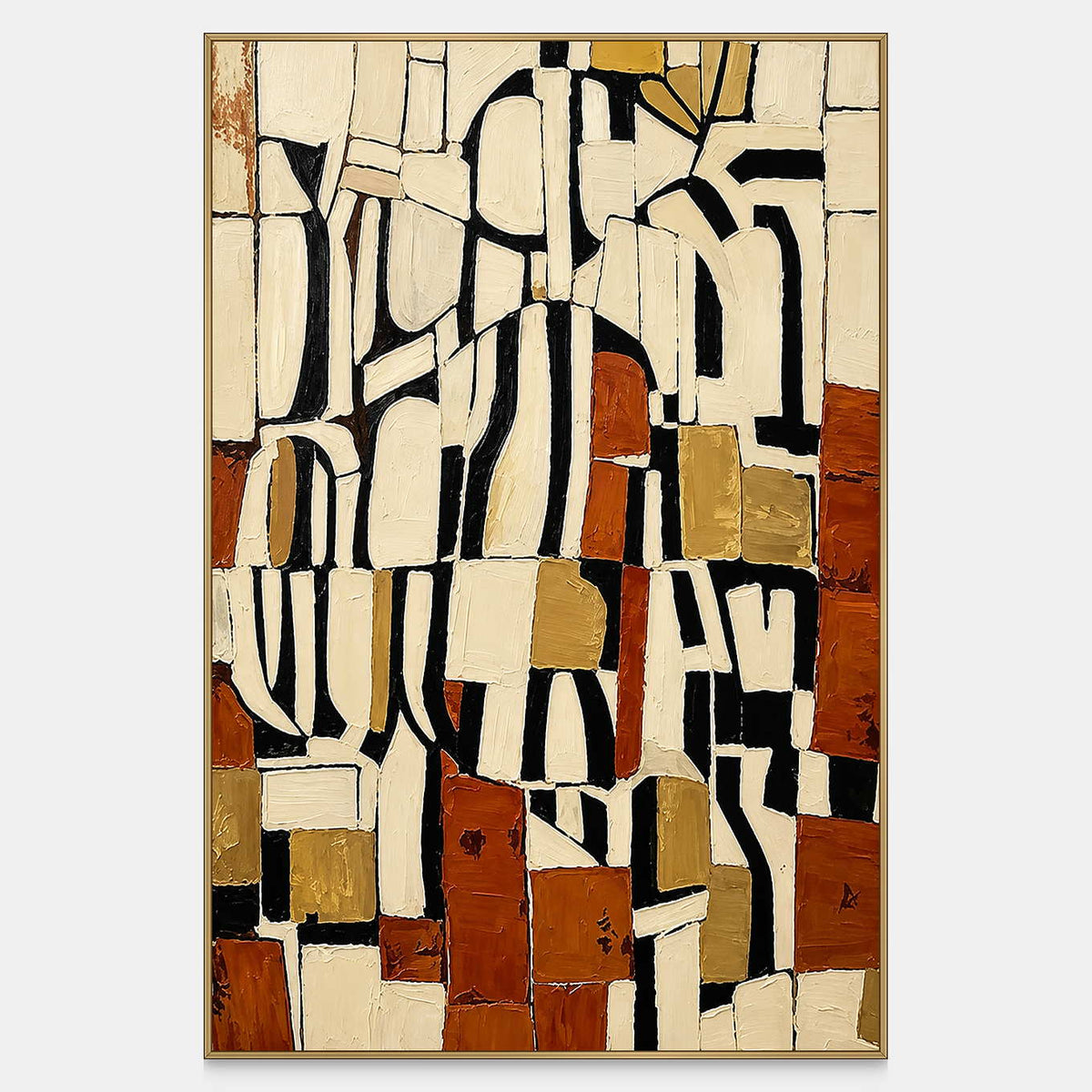 Vertical geometric abstract painting with cream curves, rust blocks, ochre accents, and black divisions.