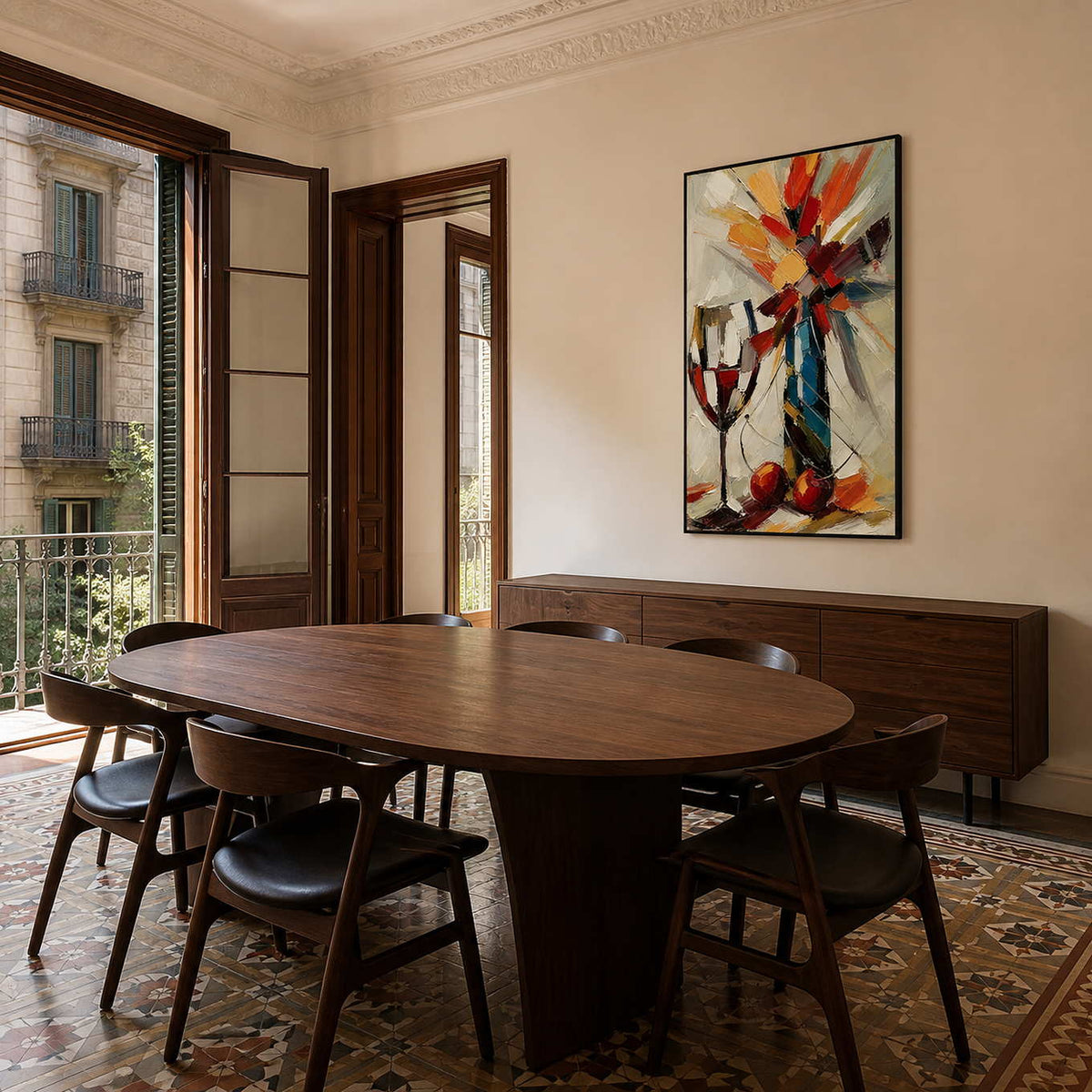 Textured wine still life wall art in an elegant dining room.
