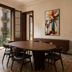 Textured wine still life wall art in an elegant dining room.