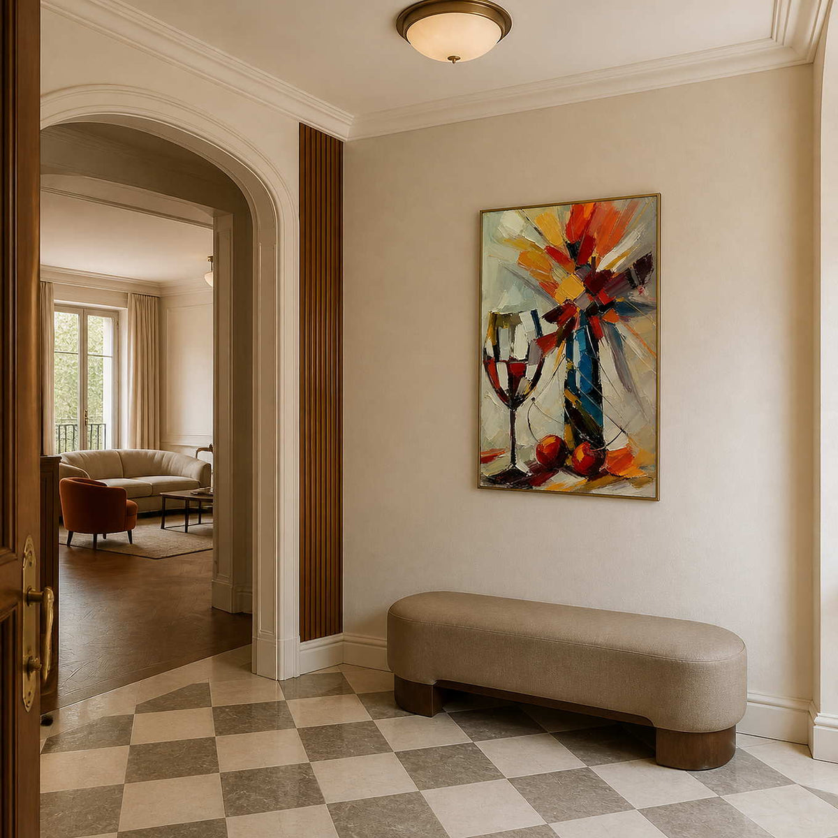 Wine and cherries wall art displayed in a refined entry gallery.