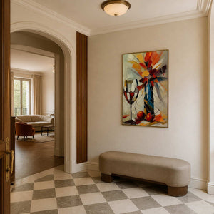 Wine and cherries wall art displayed in a refined entry gallery.