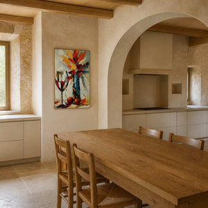 Colorful wine still life displayed in a rustic kitchen dining room.