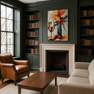 Textured wine and flower artwork in a dark traditional library.