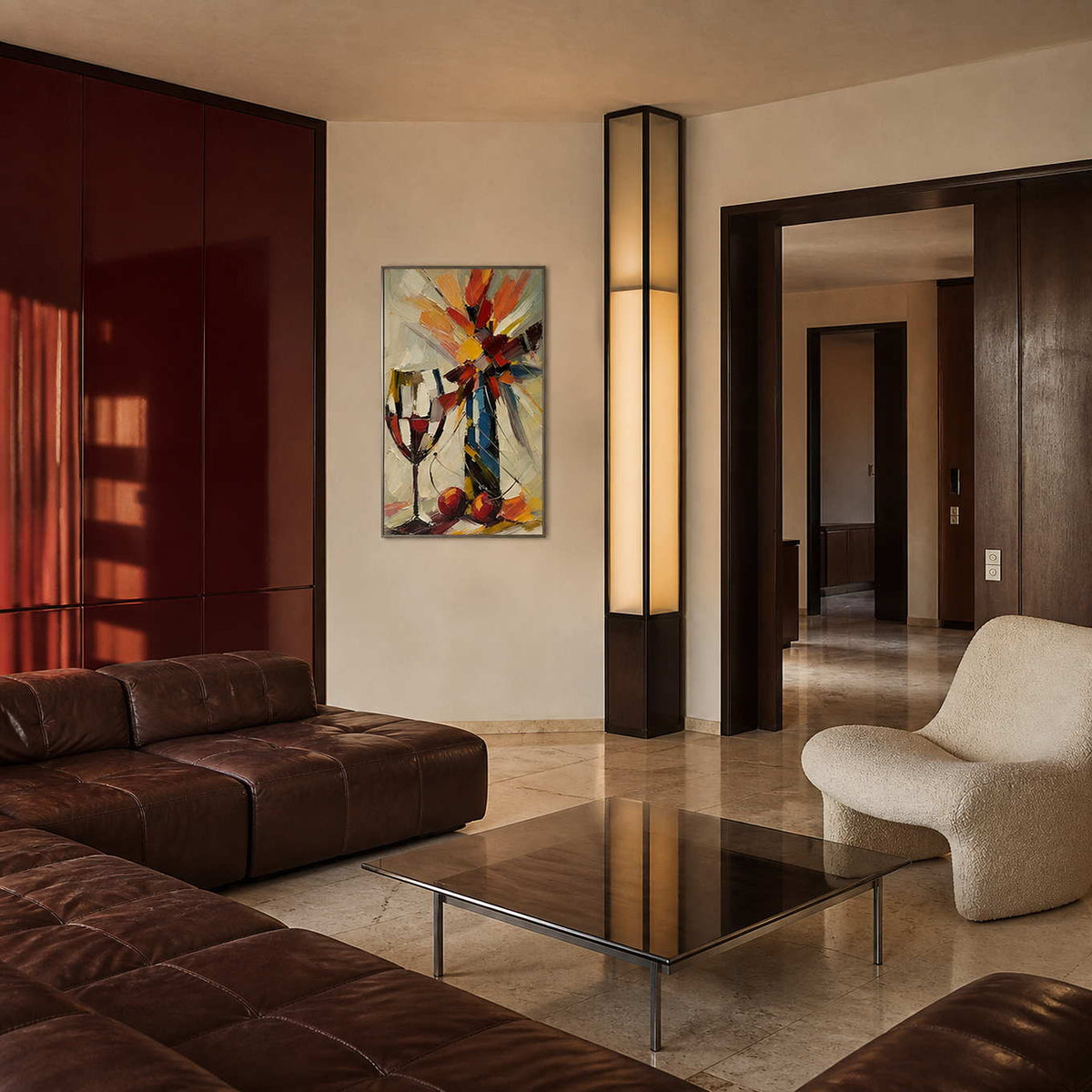 Colorful textured still life painting in a warm modern sitting room.