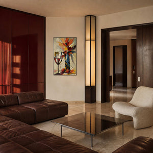 Colorful textured still life painting in a warm modern sitting room.