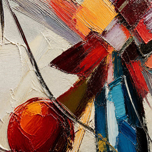 Close-up of saturated palette-knife strokes across cherries and blue bottle.