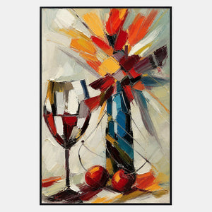Hand-painted vertical still life with wine, cherries, and colorful flowers.