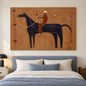 Ochre equestrian artwork above a blue upholstered bed.