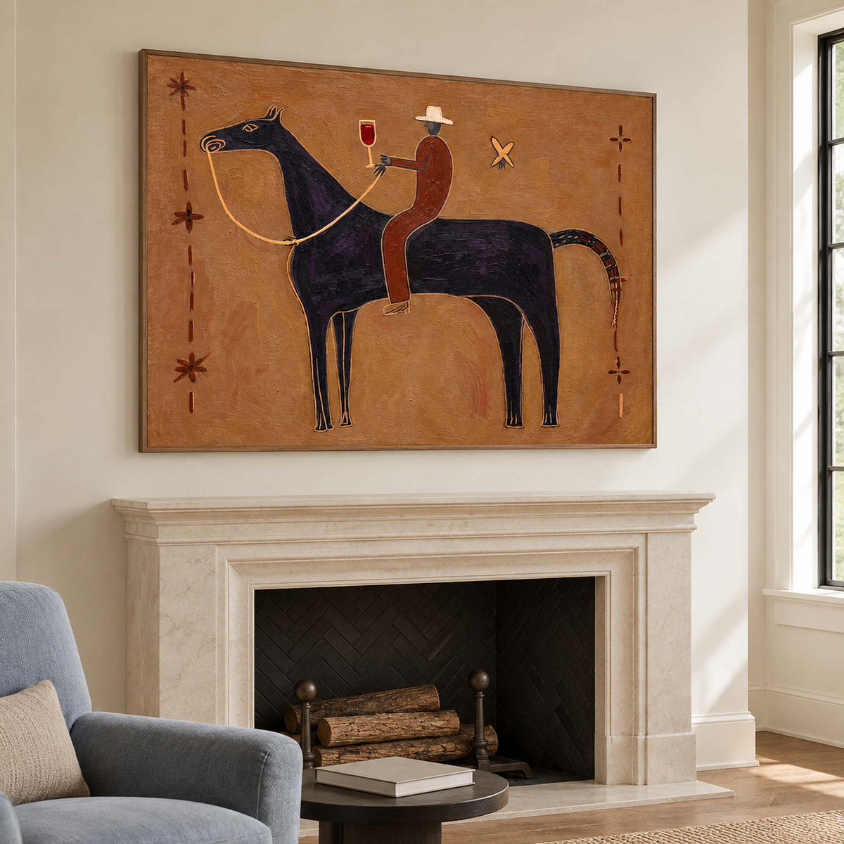 Glass-raising rider painting above a pale fireplace.