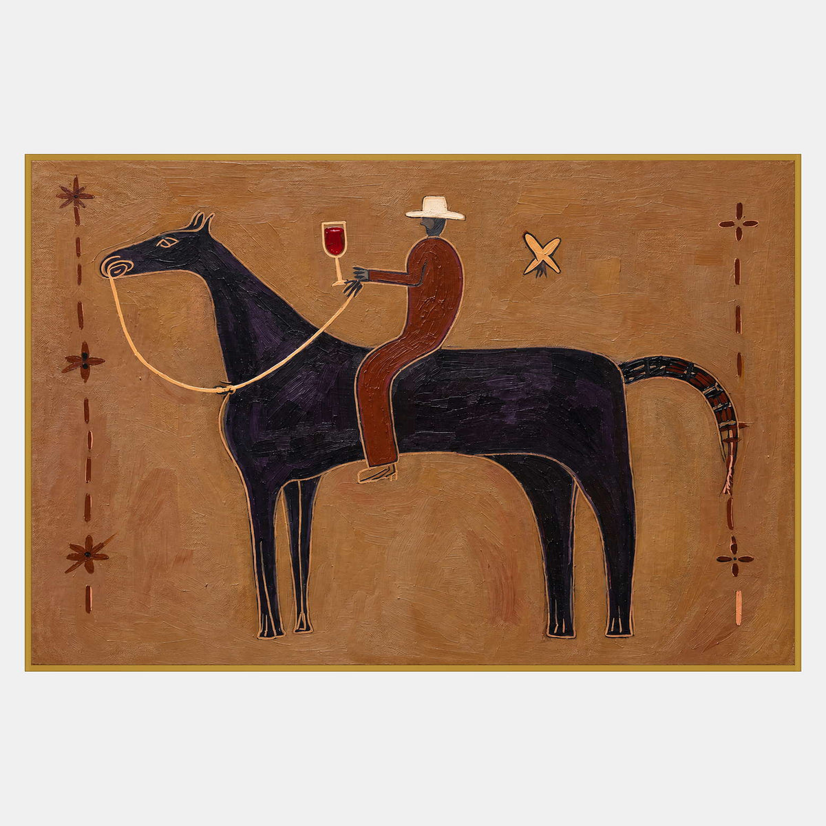 Cream-hatted rider holding a red-filled glass on a black horse against ochre with small decorative motifs.