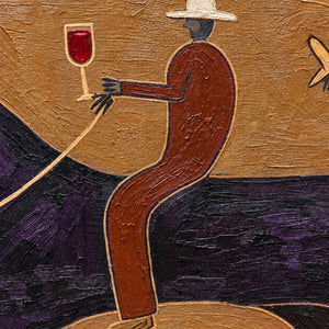 Detail of the rider's red glass, extended hands, pale rein, and horse's textured back.