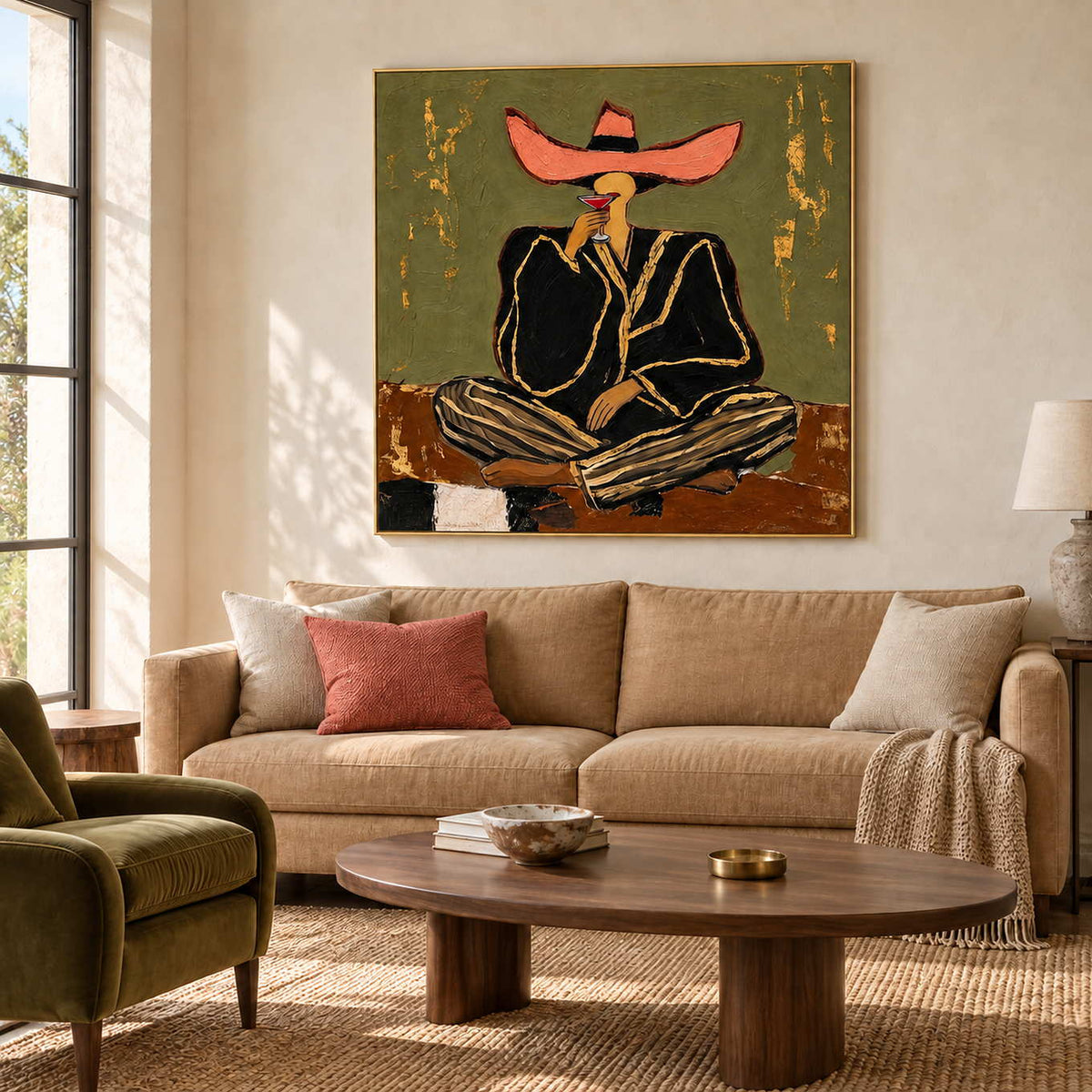 A Toast to Freedom in a gold frame above a tan sofa with a coral cushion beside an olive lounge chair.