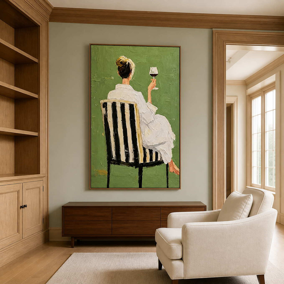 Wood framed painting of a woman raising wine above a walnut cabinet in a study.