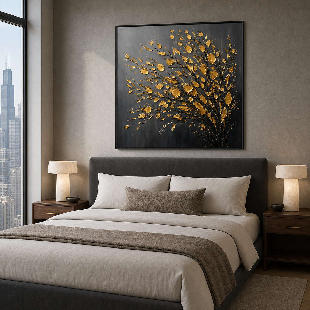 Black and gold botanical wall art above a Chicago bedroom.