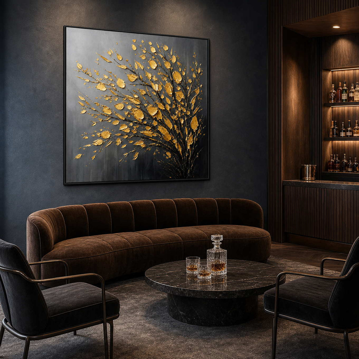 Dramatic black and gold wall art in a cocktail reception lounge.