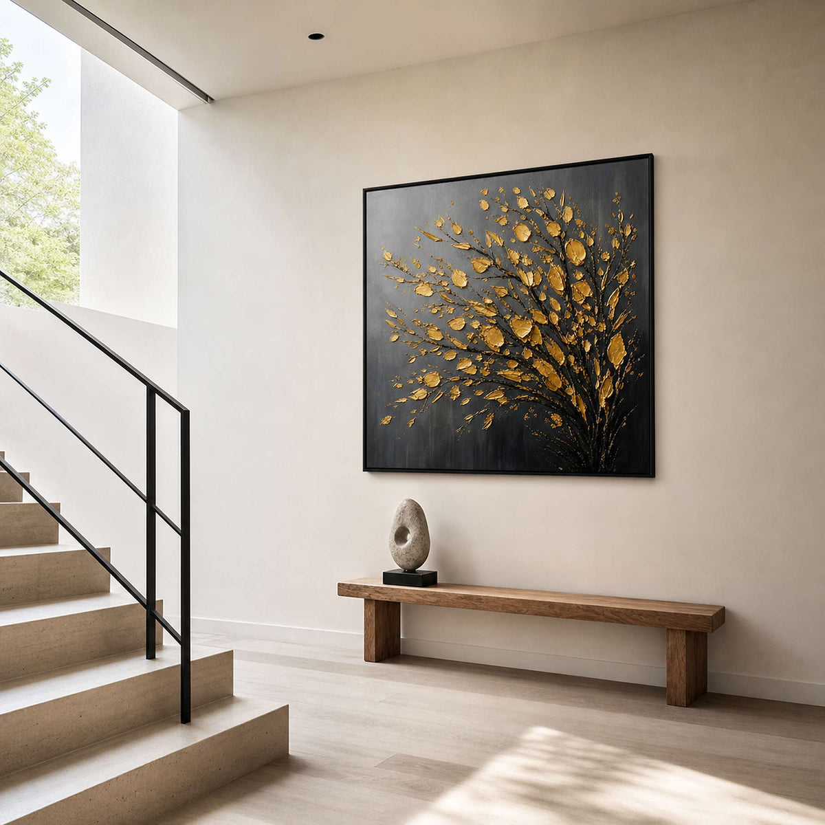 Square textured tree painting displayed on a Manhattan gallery stair landing.