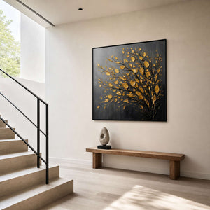 Square textured tree painting displayed on a Manhattan gallery stair landing.