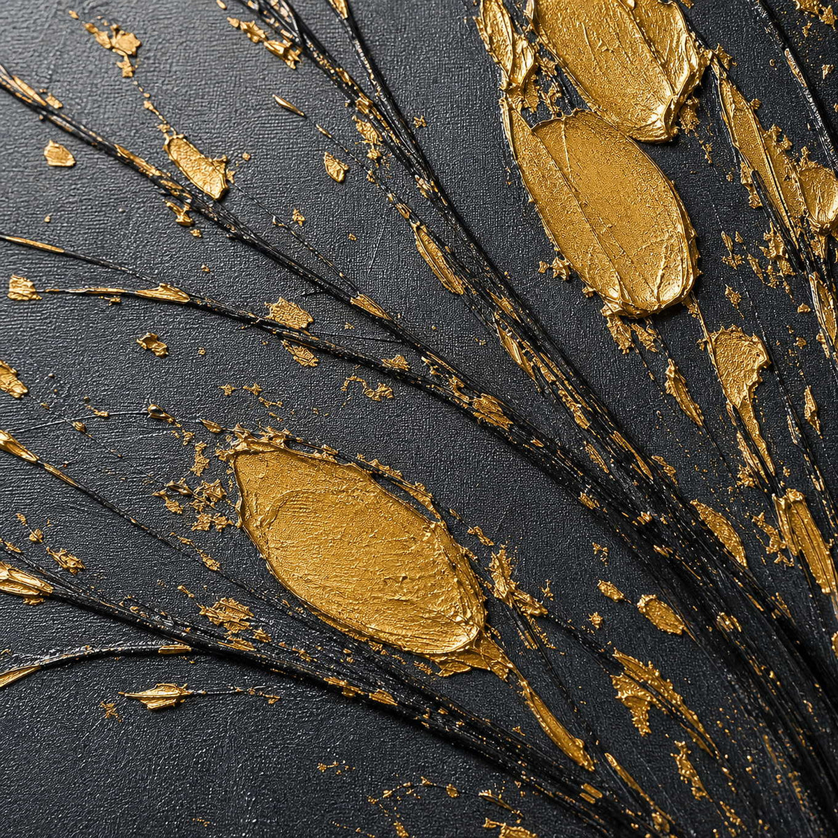 Close-up of raised antique gold leaves and charcoal branches.