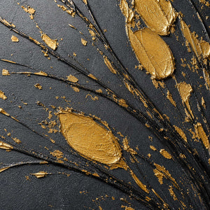 Close-up of raised antique gold leaves and charcoal branches.