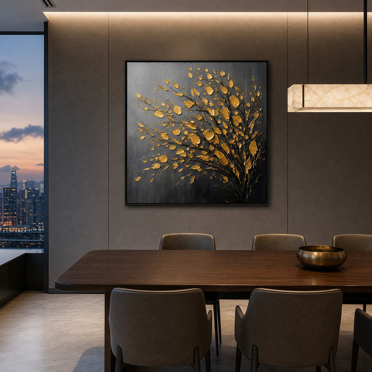 Textured gold tree canvas displayed in a Hong Kong dining room.