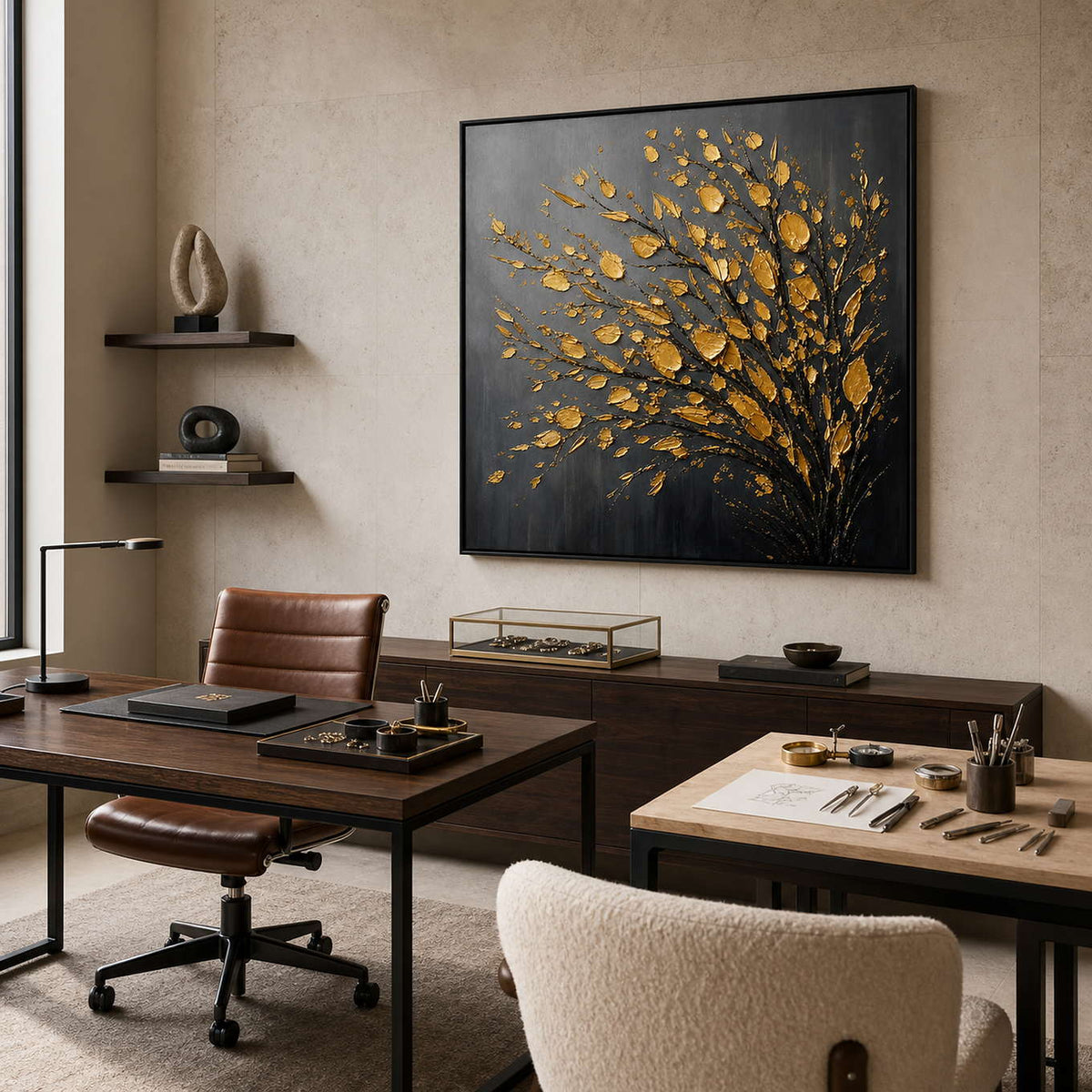 Gold botanical wall art styled in a jewelry designer office.