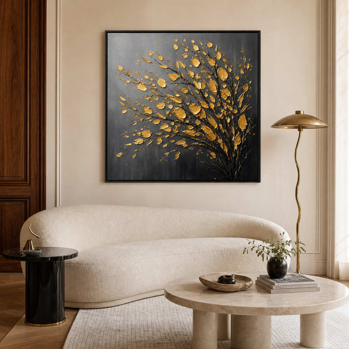 Textured gold tree wall art displayed in a Paris apartment living room.