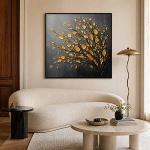 Textured gold tree wall art displayed in a Paris apartment living room.