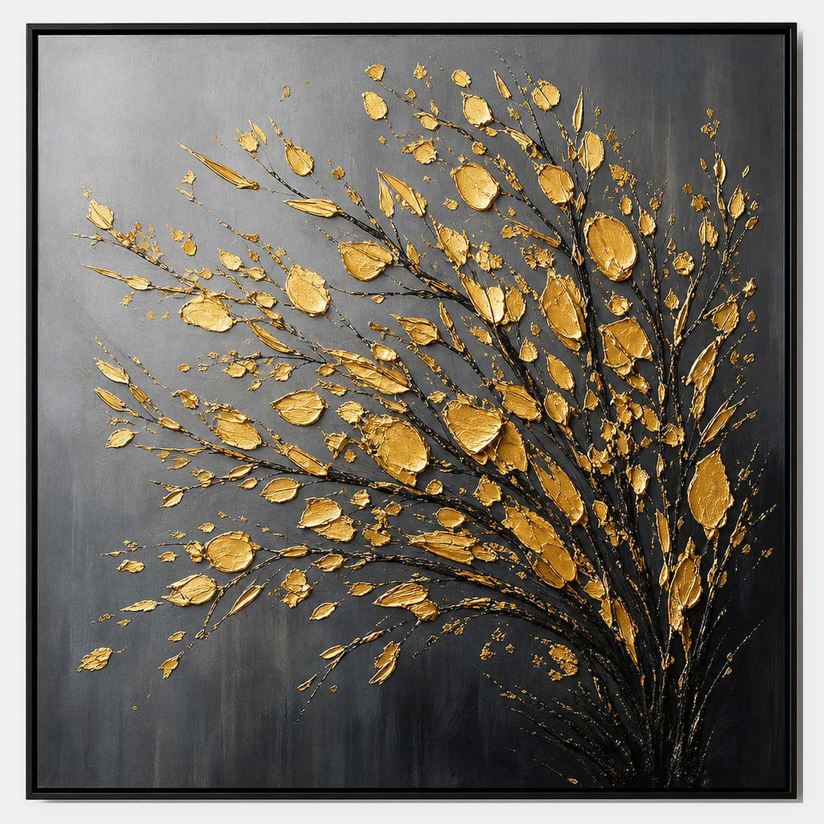 Hand-painted gold botanical canvas on a charcoal and gray ground.