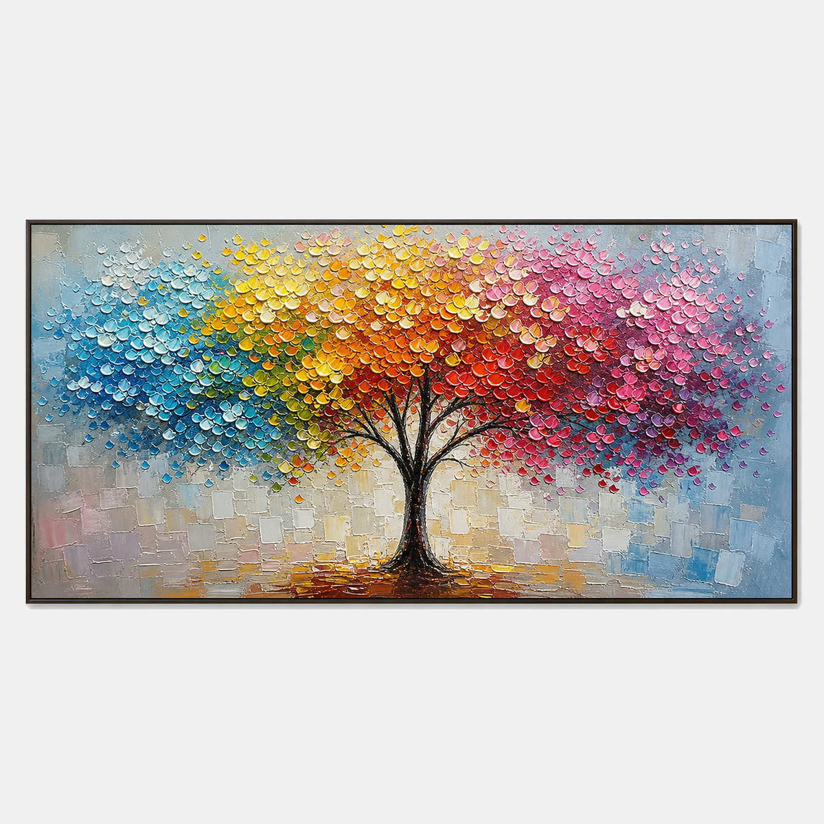 Hand-painted colorful tree wall art with multicolor, blue, and warm tones tones.