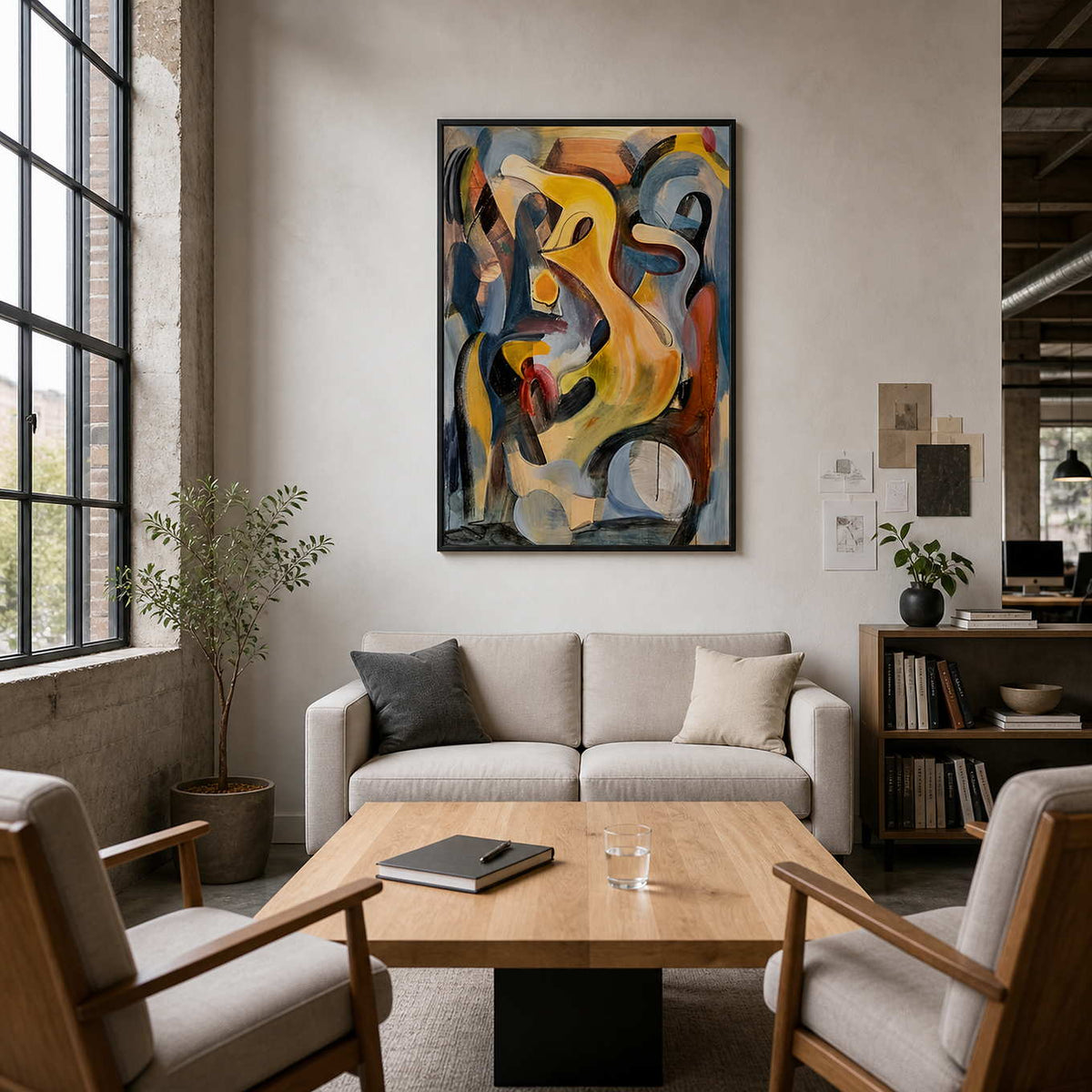 Black framed colorful abstract painting above a sofa in a creative office lounge.