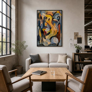 Black framed colorful abstract painting above a sofa in a creative office lounge.