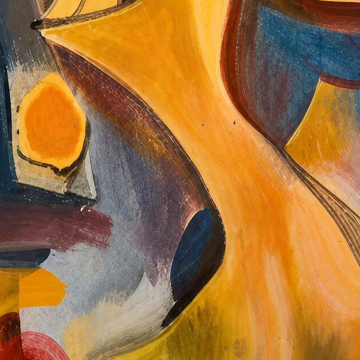 Close view of yellow curving brushwork beside blue gray and brown painted strokes.