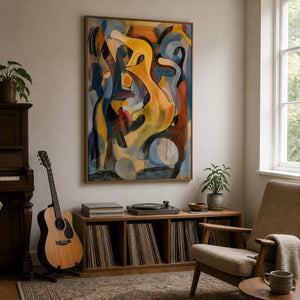 Wood framed abstract painting above vinyl records beside a piano and guitar.