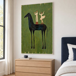 Tall black-horse artwork above a light wood bedside chest next to a navy bed.