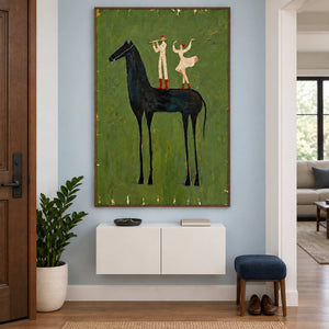 Horse and dancer portrait above a floating white cabinet beside a small blue stool.