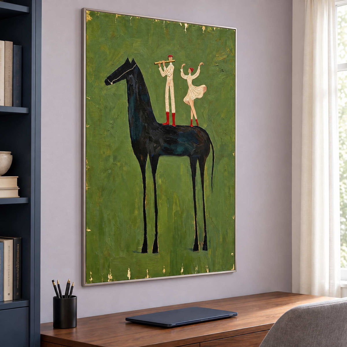Musical horse scene above a wooden desk on a lavender wall beside navy shelving.