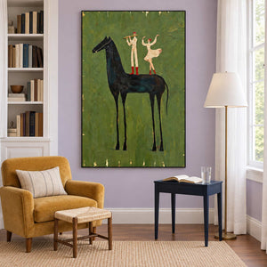 Flute player and dancer painting beside a mustard chair and small navy reading table.