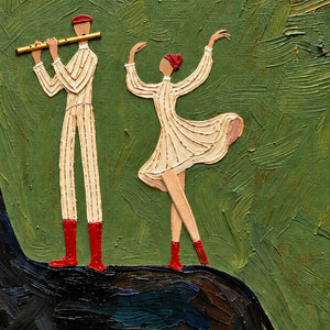 Close view of the cream-clad flute player and raised-arm dancer with red boots on the black horse.