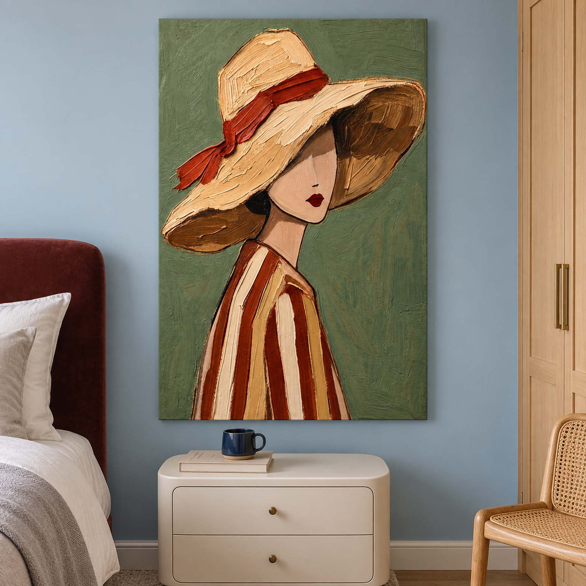 Turned-face artwork over a cream bedside cabinet against a light blue wall.
